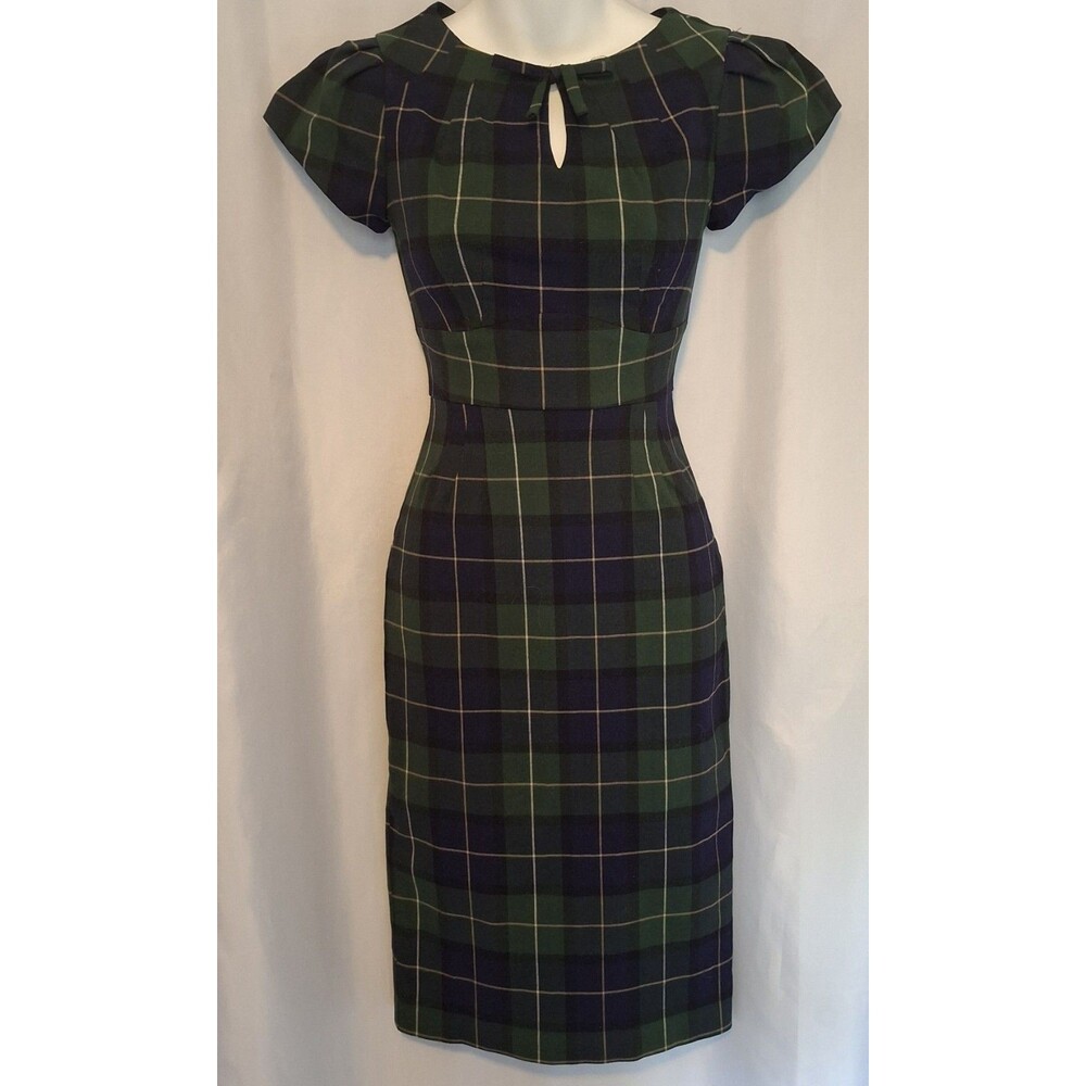 Stop Staring Dress Alicia Estrada Green Plaid Retro Chic Wiggle PinUp Sz XS